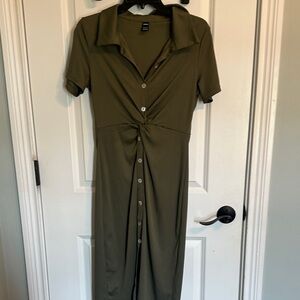 SHEIN Olive Twist-Front Collared Midi Dress